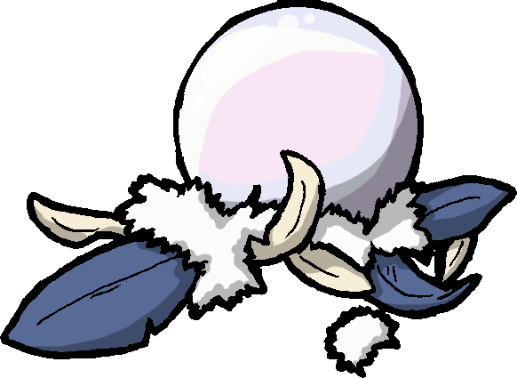 A Grumpearl sitting on a pile of Rufflet feathers